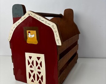 Vintage Folk Art Barn Magazine Rack Wooden Farmhouse Book Holder Hand Painted Chicken