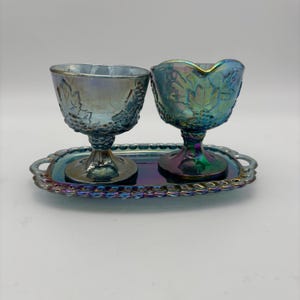 Vintage Indiana Carnival Glass Set: Grapevine Sugar Bowl, Creamer & Lace Tray