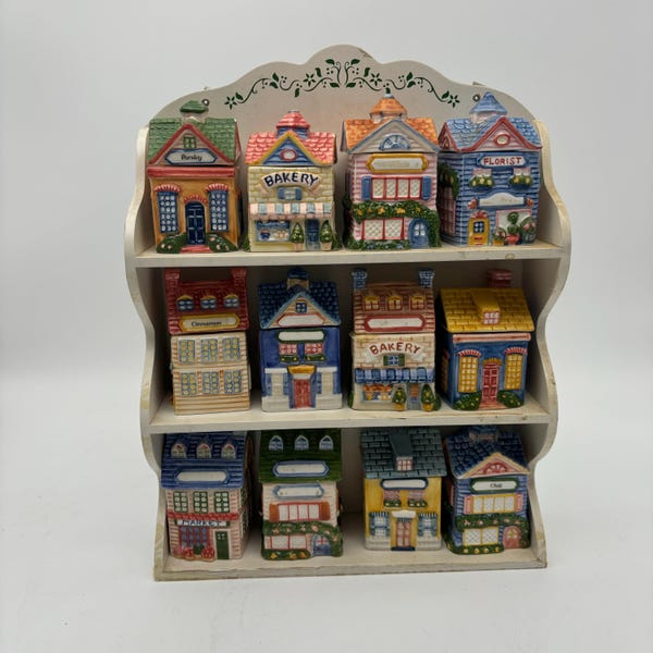 Vintage Avon Spice Houses on Shelf , Small Decorative Spice House and Busines With White Display Shelf With Vine & Leaf Design Spice Rack