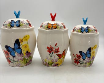 Vintage Ceramic Butterfly Canister Set of 3 Floral Kitchen Storage Jars with Lids Cottagecore