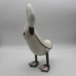 Vintage Late 20Th Century Hand Carved Rustic Painted Wooden Duck. Repair to one leg