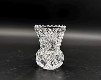 Vintage Clear Pressed Glass Toothpick Holder Starburst Diamond Pattern Sawtooth Rim