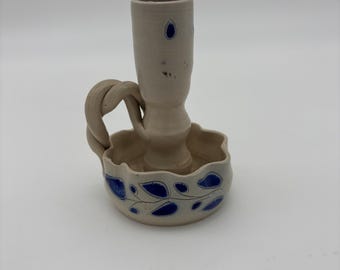 Antique Handmade Cobalt Salt Glaze Williamsburg Pottery Candlestick Holder