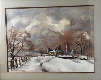 Vintage Hertha Ray Original Watercolor Early Snow Large Framed Winter Farm Landscape