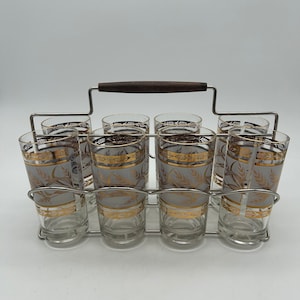 1960s Vintage Set of 8 Mid Century Libbey Golden Foliage Wheat Cocktail Glass Tumblers with Metal Carrier Wood Handle