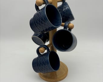 Vintage Made in Japan Blue Ceramic Mugs on Wooden Stand - Set of 5 Mugs