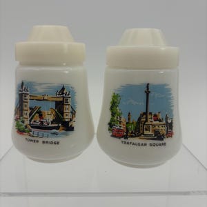 Vintage Milk Glass London Souvenir Salt and Pepper Shakers. Made in Italy. Tower Bridge and Trafalgar Square.
