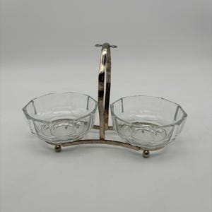 Vintage Silver Plate Condiment Holder Table Caddy with Two Bowls.