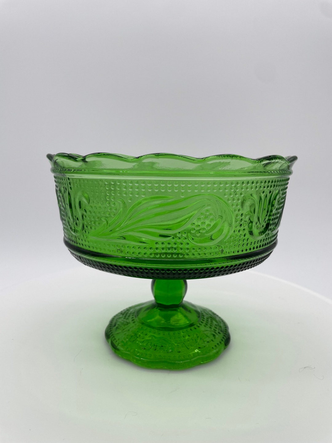Vintage EO Brody Pressed Glass Pedestal Bowl Decorative Green Bowl