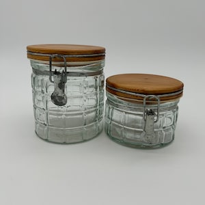 Vintage Clear Glass Canister Set: Rustic Wood Lid Clamp Jars