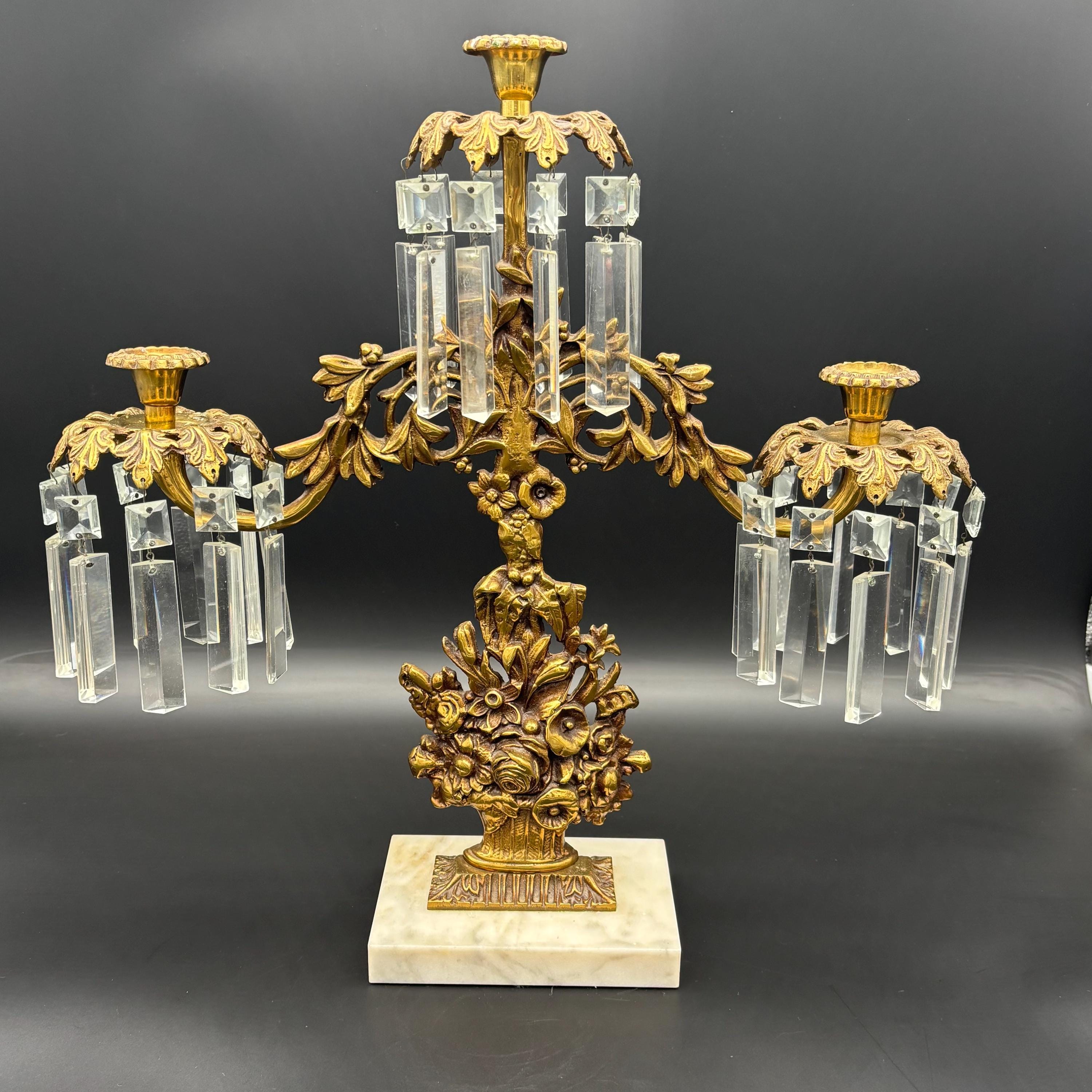 Vintage Large Floral Cast Brass Candle holder Candelabra on Marble Base. Ornate Three Arm with Crystal Prism Pendants