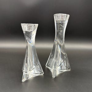 Pair of Triangular Clear Glass Taper Candlestick Holders. 6” & 7 1/2” Tall