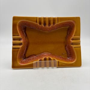 Vintage Mid Century Glazed Pottery Ashtray,  MCM California Pottery rectangular ashtray featuring a brown and orange drip glaze finish