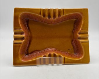 Vintage Mid Century Glazed Pottery Ashtray,  MCM California Pottery rectangular ashtray featuring a brown and orange drip glaze finish