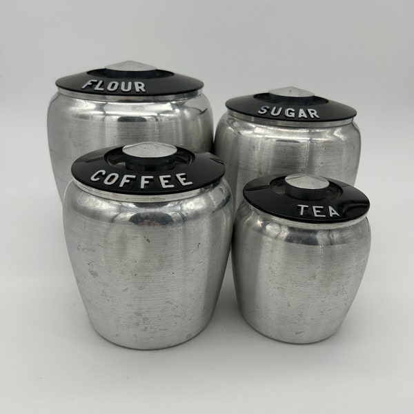 Vintage Mid Century Aluminum Flour Sugar Coffee Tea Metal Kitchen Storage Canisters 4 Piece Set. MCM kitchen Storage