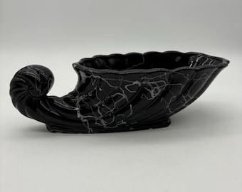 Vintage Black and White Drizzle Glazed Ceramic Horn Shaped Vase / Planter
