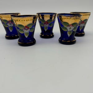 Vintage Murano Art Glass Venetian Hand Blown and Hand Painted Cordial Shot Liquor Glasses 2". Set of 5. Cobalt blue with Gold Details Floral