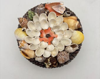 Vintage Round Handmade Sea Shell Covered Trinket Jewelry Box with Black Lining Coastal Decor