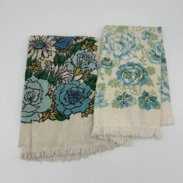 Vintage Pair of Mid Century Blue Floral Hand Towels with Fringe