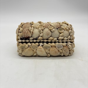 May include: A rectangular box covered in various natural seashells in shades of beige, tan, and white. The exterior is densely decorated with overlapping bivalve and spiral shells, featuring a subtle glittery finish across the textured surface.