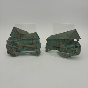 Vintage Pair Mid Century Chalkware Wall Plaques. Water Wheel, 1960&#39;s Miller Studios, Teal color