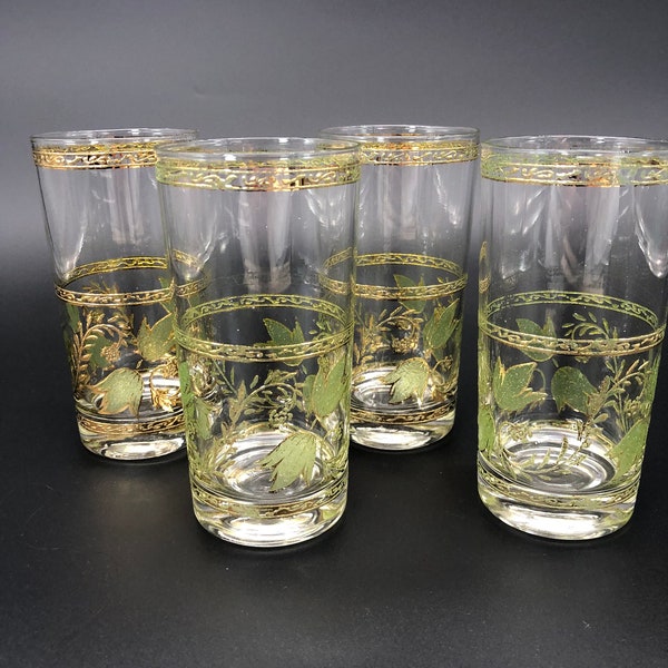 Vintage Highball Glasses by Culver with Green Leaves and 22k Gold Vines and Trim Set of 4