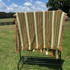 Vintage Handmade Green, White, Brown Striped Throw Blanket with Fringe. 73” x 46”