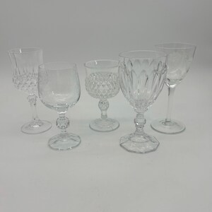 Vintage Etched Crystal Stemware Set: Mismatched Wine Glasses, Set of 5