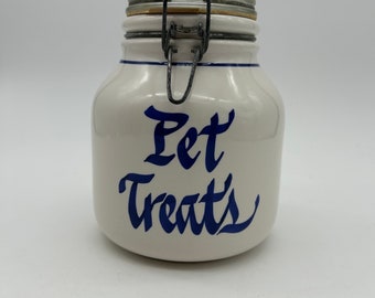 Vintage Blue & White Clay Designs Pet Treat Canister with Lid.