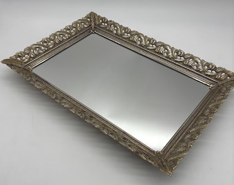 Vintage Ornate Footed Mirrored Vanity Tray Silver Tone Filigree Hollywood Regency 16.5"
