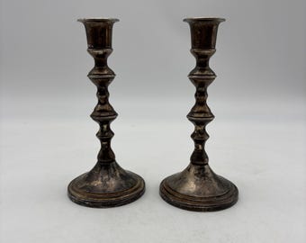Pair of Vintage Silver Plated Candlestick Holders with Heavy Tarnish 6 1/4” Tall