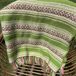Vintage Handmade Green, White, Pink Striped Throw Blanket with Fringe. 62” x 46”