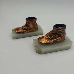 Pair of Vintage Copper Covered Antique Victorian Baby Shoes on Marble Base Bookends
