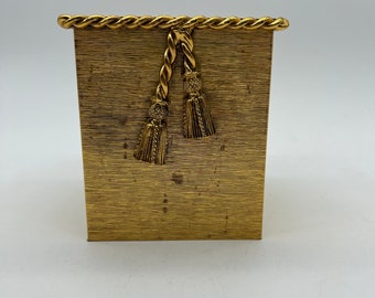 Mid Century Hollywood Regency Gold Tone Metal Tissue Box Cover with Rope and Tassel Details