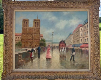 Antique Impressionist Notre Dame Painting: Signed Mills, Ornate Frame, 32x39
