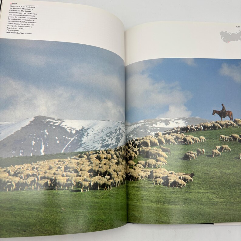 Puede incluir: Fotograf&iacute;a de un reba&ntilde;o de ovejas pastando en una ladera verde, con un pastor a caballo. Monta&ntilde;as nevadas y un cielo azul con nubes en el fondo.
