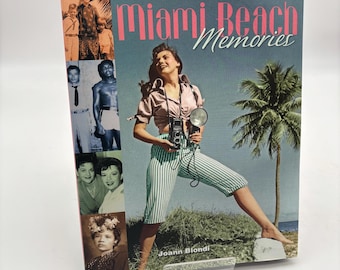 May include: A book cover titled "Miami Beach Memories" with a vintage photograph of a woman holding a camera. The cover features a collage of black and white photos and the text "A Nostalgic Chronicle of Days Gone By".