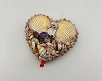 Vintage Heart Shaped Handmade Sea Shell Covered Trinket Jewelry Box Red Felt Lining Coastal Decor