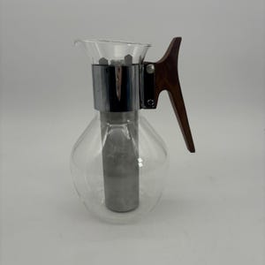 Vintage MCM Space Age Corning Glass Coffee or Tea Carafe With Metal Tube Insert. Missing one Handle Screw