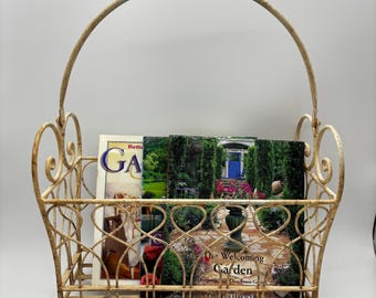 Vintage Wrought Iron Magazine Rack Cream Scrollwork Heart Design Shabby Chic Cottage Decor