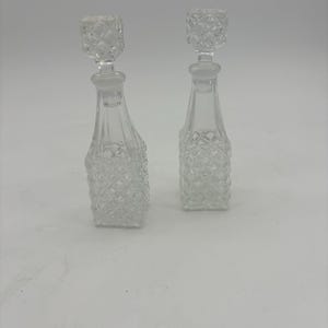 Vintage Pair Diamond Pattern Pressed Glass Cruets with Stoppers. Olive Oil / Vinegar Dispenser / Pourer