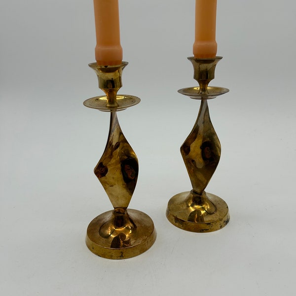 Pair of Vintage Solid Brass Twisted Ribbon Candlestick Holders ** 7 3/4  inches tall ** Set of Two