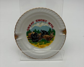Vintage Great Smoky Mountains Ceramic Ashtray: Black Bear Wildlife, Gold Trim