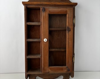 Vintage Wood Wall Cabinet Glass Door Ceramic Knob Curio Display Shelf Rustic Farmhouse