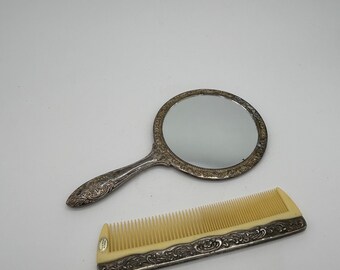 Vintage Ornate Silver Plated Vanity Hand Mirror and Comb Set. Made in Hong Kong