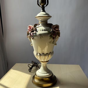 Vintage Porcelain Table Lamp With 3D Roses Flowers. Trophy Handle Lamp