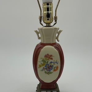 Antique Porcelain Table Lamp With Flowers and Decorative Footed Brass Base. Trophy Handle Lamp.