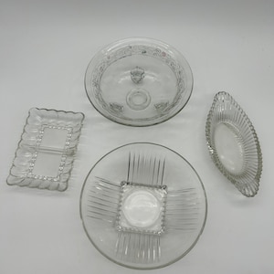 Collection of 4 Vintage Mismatched Clear Glass Serving Dishes. Plates and Bowls. Unique Designs.