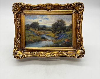 Vintage 1984 Petite Original Oil on Canvas Painting in Ornate Gold Frame. Texas Hillcountry In Spring Landscape with Bluebonnets