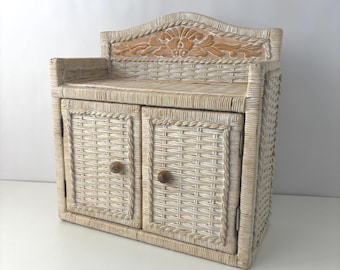 Vintage Wicker Over Wood Two Tier Wall Mounted Cabinet Shelf
